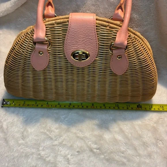 NEW Banana Republic Woven Bag Tan Rattan Pale Pink Leather Gold-tone Hardware - Picture 16 of 16